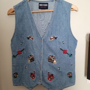 Vintage Cross Words Embroidered Denim Garden Themed Vest